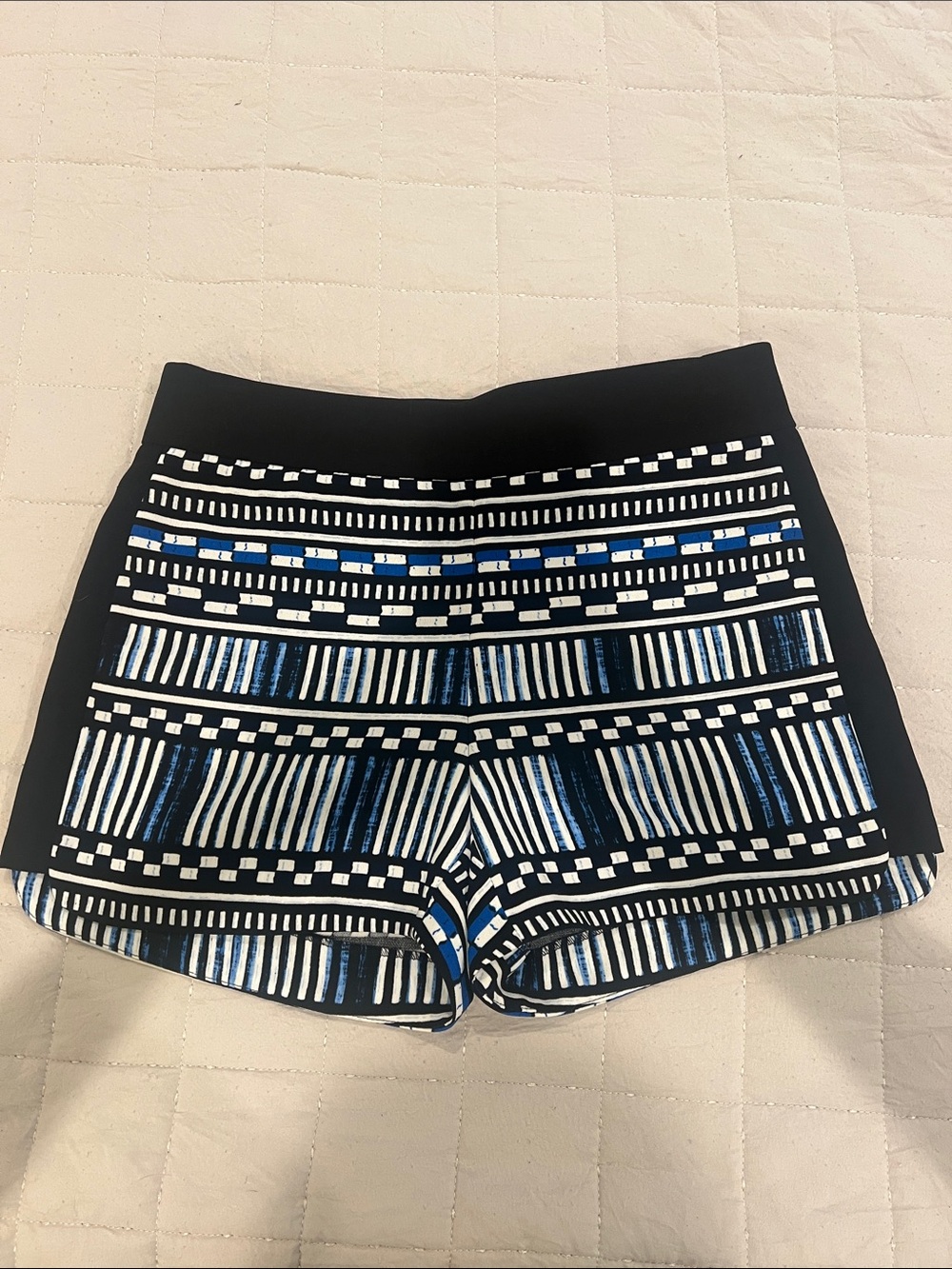 J. Crew Black Shorts with Blue and White Geometric Stripe